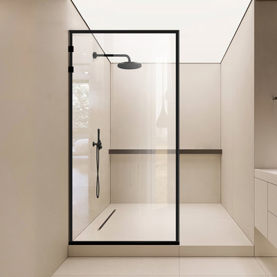 Aqua Elegance® Black walk-in zuhanyparaván, Frame fekete modell, teljes matt fekete rozsdamentes acél szerelvényekkel, átlátszó, edzett üveg