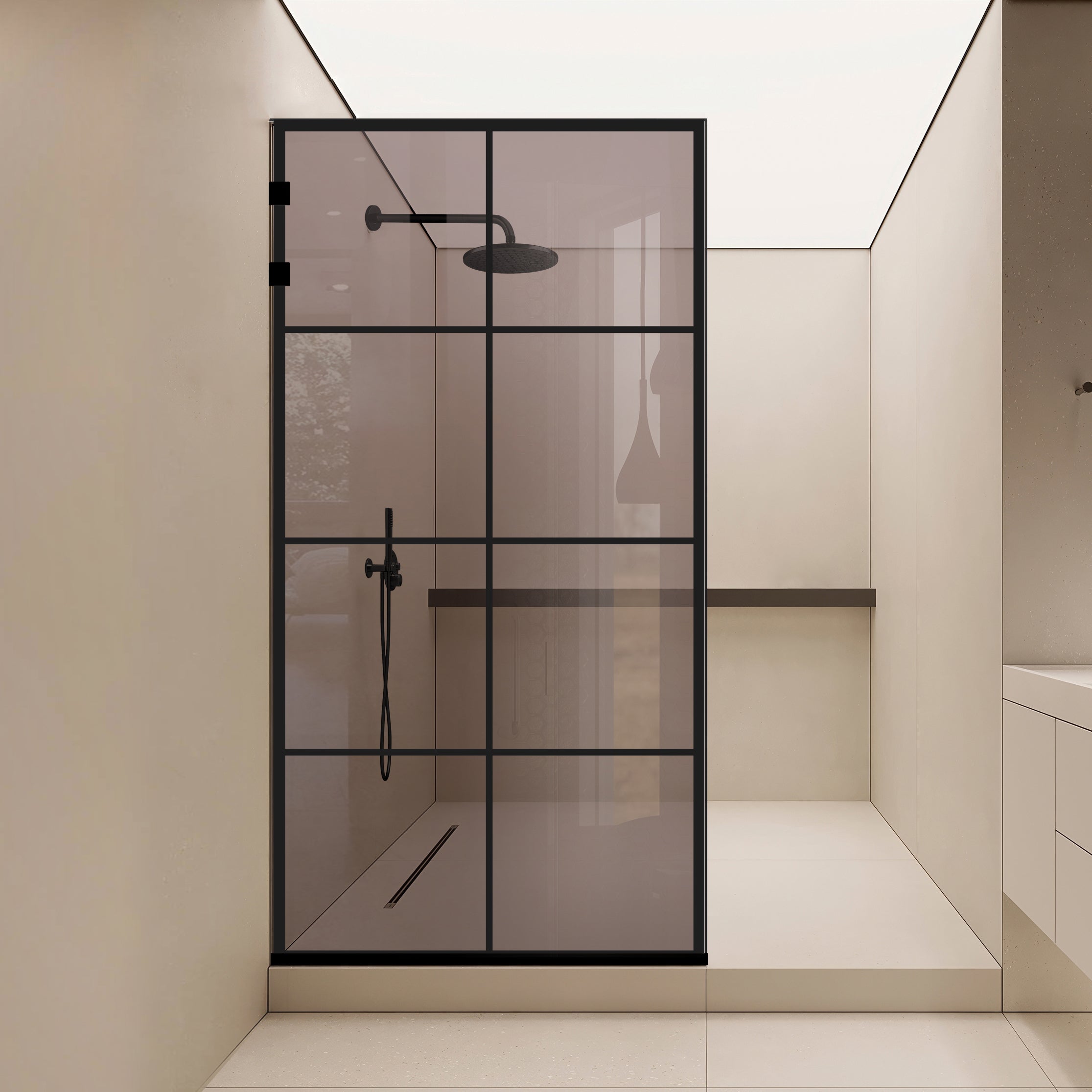 Paravan dus Walk-in, Perete dus Inox, negru mat #Bronz