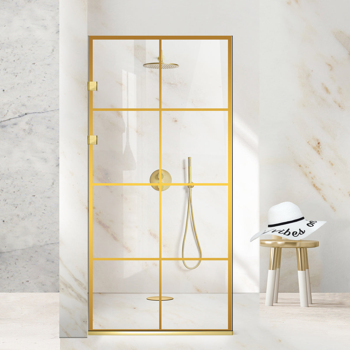 Aqua Elegance ® Gold walk-in zuhanyfal, Mode arany modell, teljes arany rozsdamentes acél szerelvények, átlátszó, biztonsági üveg